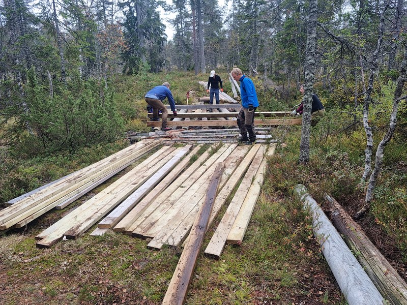 Brua ved Svartbekktjern tar form. Arne Bergan Andersen, Lars Peter Fjeld, Trond Urdal og Trond Faanes. Foto: Pål Heldrup Rasmussen.