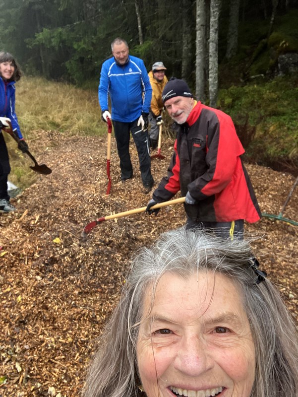 Marit Kopstad, Arnfinn Strålberg, Ove Brandt, Kåre Hansen og fotograf Ellen Furuseth dro ut flis og bark langs Vollavegen, Brattvoll og Brattholt til Myllavannet. 